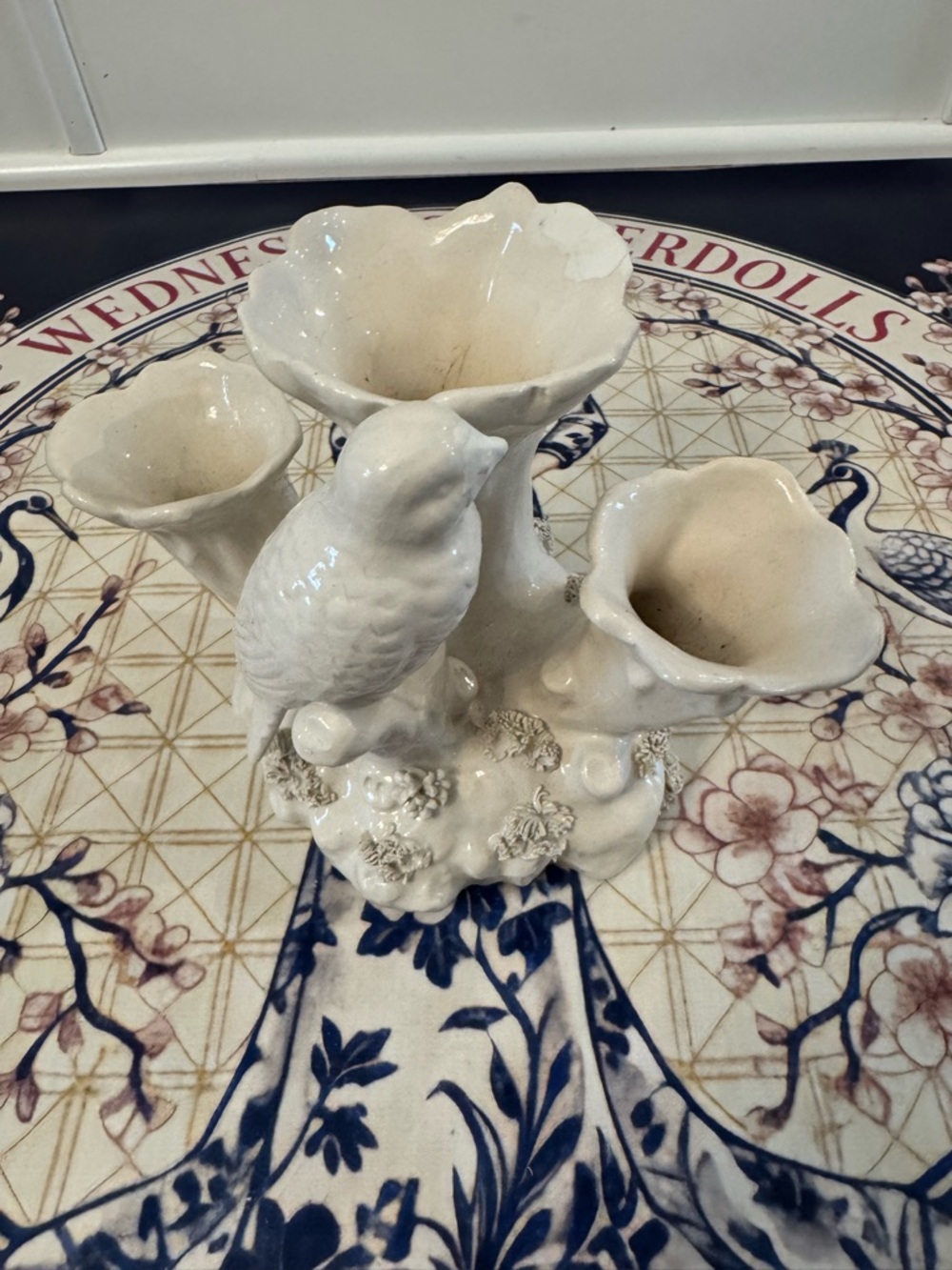 P.V. Triple Bud Vase Bird Made In Italy 6” X 8” White Repaired